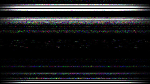Abstract VHS noise and TV glitch texture with analog static, distortion lines and retro screen interference on dark background.
