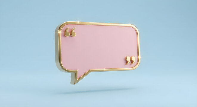 3D speech bubble icon with a pink surface and a polished gold border featuring elegant quote marks.