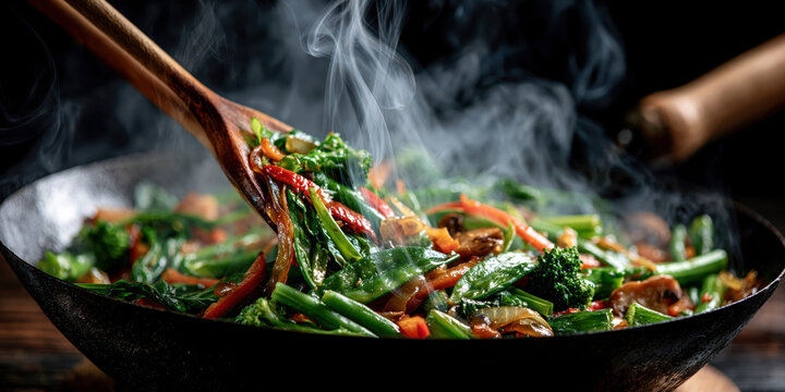 Cook stirring sizzling stir-fry vegetables in a wok