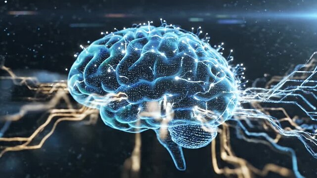 Digital Brain with Luminous Connections Symbolizing Intelligence - A luminous digital brain model displays intricate glowing connections, representing complex neural pathways and the concept of