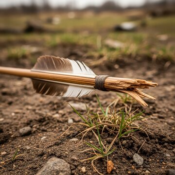Broken Wooden Arrow Shaft with Feathers Lying on the Ground