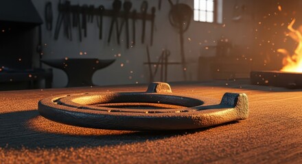 Obraz premium Bent Iron Horseshoe Resting on Dusty Forge Floor with Glowing Sparks