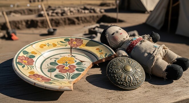 Archaeological Discovery: Vintage Doll and Broken Ceramic Plate Unearthed
