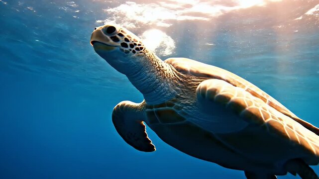 Majestic Sea Turtle Swims Up Towards Sunlight in Deep Blue Ocean - A majestic sea turtle gracefully ascends through the deep blue ocean, its shell illuminated by the warm sunlight filtering from