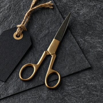 Gold scissors rest next to a cut black tag on black paper, showing preparations for a sale in a studio flat lay setup.