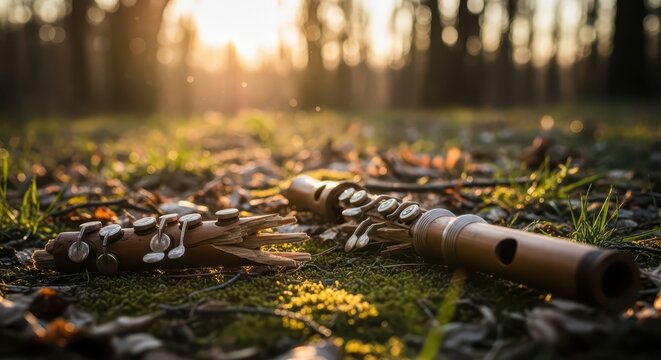 Broken Wooden Flute Lying on Forest Floor with Golden Sunlight