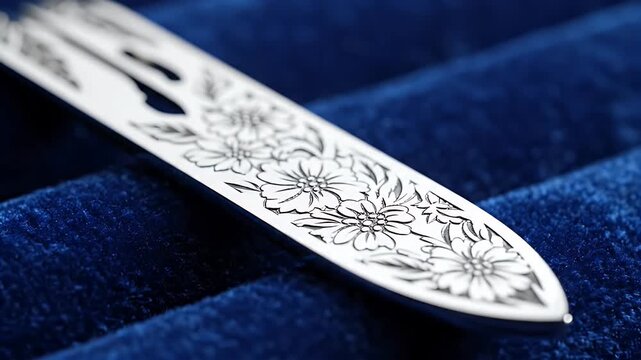 Ornate Metal Bookmark with Floral Engraving on Velvet - A detailed close-up shot showcases an ornate metal bookmark featuring intricate floral engravings.
