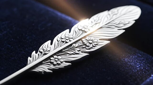 Elegant Feather Bookmark on Velvet Background - A detailed shot of a silver-toned metal bookmark shaped like a feather with intricate floral engravings.
