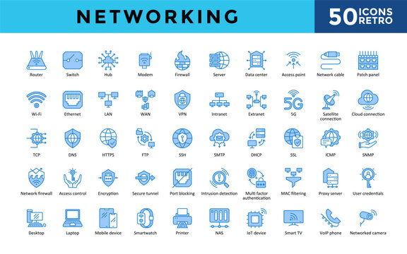 Networking icons set with router, switch, hub, modem, firewall, server, data center, access point, network cable, patch panel icon. Simple retro vector 
