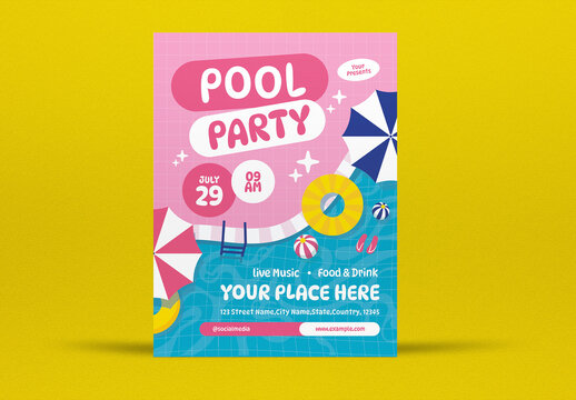 Pink Flat Design Pool Party Flyer Layout