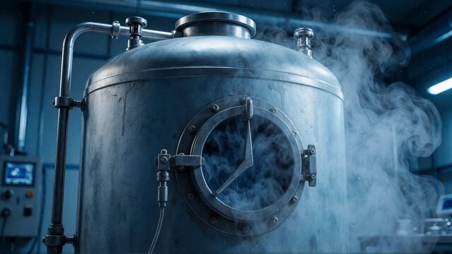 Industrial metal tank processing chemical liquids in a factory setting with atmospheric steam vapor