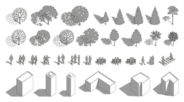 Isometric Architectural Diagram Tree Human Figure Building CAD Block