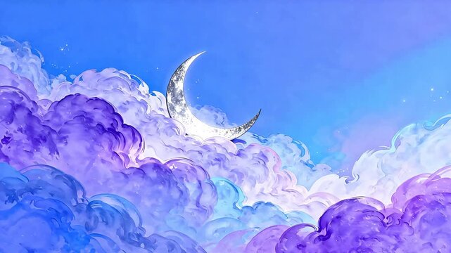 Crescent moon in colorful clouds