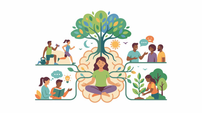 A vibrant illustration depicting a woman meditating amidst a tree growing out of a brain surrounded by diverse people e