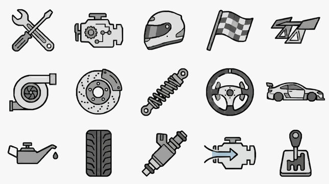 Creative Set of 15 Monochrome Line Illustrated Auto and Racing Icons for Vehicle Maintenance Parts and Racing Themes