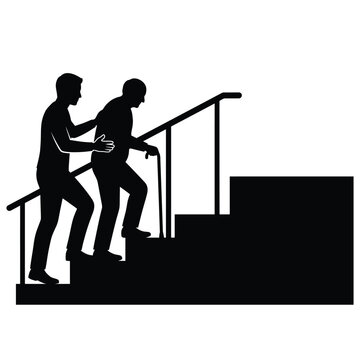 Silhouette of a young man helping an elderly man with a walking cane climb stairs