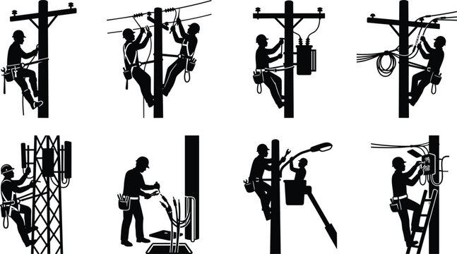 Lineman electrician workers silhouettes set repairing power lines and electrical infrastructure vector illustration