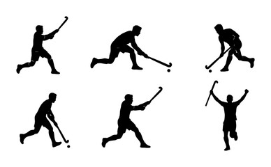Naklejka premium Field Hockey Player Silhouettes, Action Poses, Sports Vector Icons, Dynamic Athlete Movements, Team Game Graphics, Black and White Set