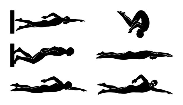 Swimming Strokes Vector Icons, Water Sports Silhouettes, Athletic Poses, Diving and Freestyle Actions, Pool Activities Collection