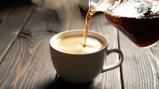 Fresh Coffee Pouring into Mug on Wooden Table - Freshly brewed, steaming hot coffee is poured from a glass carafe into a white ceramic mug.