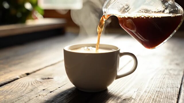 Pouring Fresh Coffee into a White Mug on Wooden Table - Freshly brewed coffee is being poured from a glass carafe into a white ceramic mug.