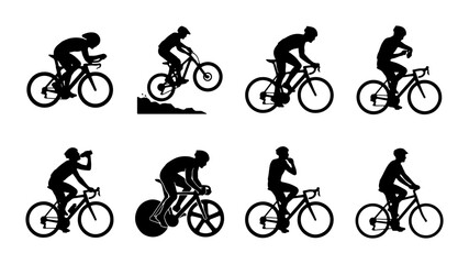Obraz premium Cycling Silhouettes: Diverse Bicycle Rider Poses, Sports Action, and Outdoor Recreation Vector Icons
