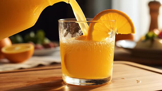 Fresh Orange Juice Being Poured into a Glass with Orange Slice - A clear glass pitcher is pouring vibrant orange juice into a glass that is garnished with a fresh orange slice.