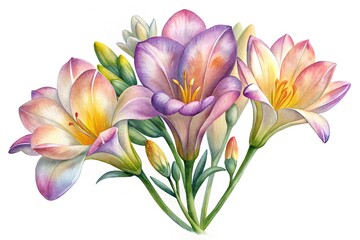 Fototapeta premium Watercolor lilies bouquet with soft pastel colors - A delicate watercolor bouquet of lilies with soft pastel shades and gentle brush strokes, ideal for artistic or floral designs.