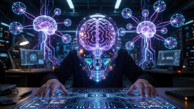 Person with glowing digital brain head interface working at a futuristic computer terminal in dark lab