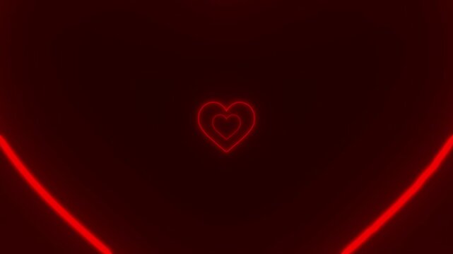 Valentine Love Heart neon lights infinite Tunnel animation loop. Glowing heart motion on a dark background, 3d red neon glowing laser heart tunnel. Love romance Valentine's Day concept, Looped tunnel