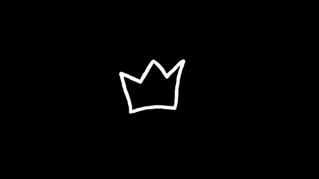 white doodle crown grunge animation on transparent background, Hand drawn crown sketch with white lines on black background, alpha channel