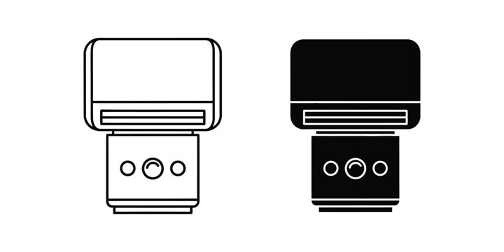 Camera flash speedlight set in outline and solid black style for equipment projects strobe