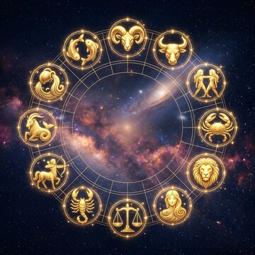 Golden zodiac wheel with twelve astrology signs glowing on cosmic space background with colorful nebula and stars