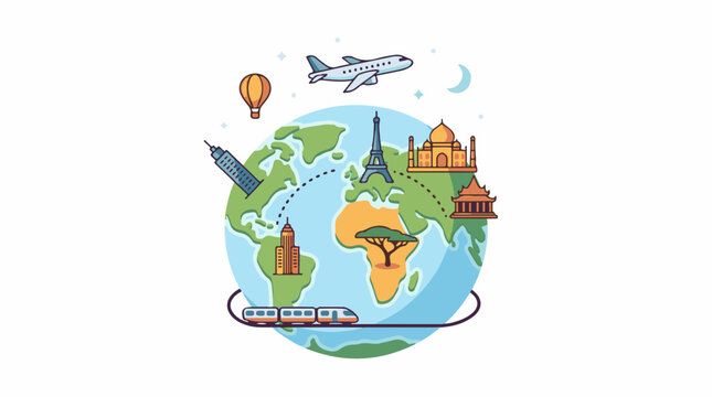 A colorful illustration of a globe with various landmarks and modes of transportation