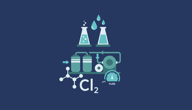 Scientific water purification system illustration showing chlorine molecule Cl2, test tubes, and pH level meters.