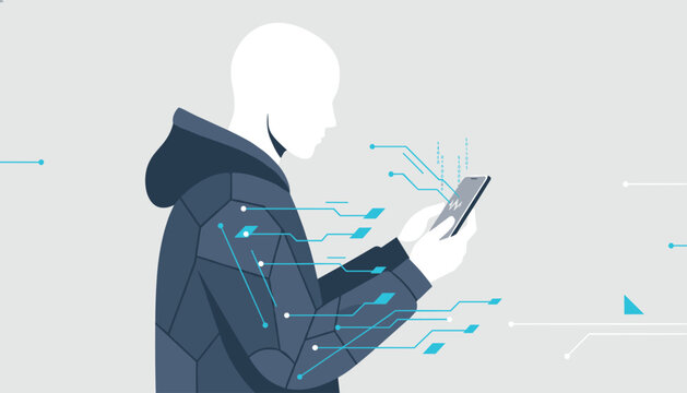 Cybersecurity threat showing hacker silhouette in hoodie holding smartphone with digital circuit design representing data breach.