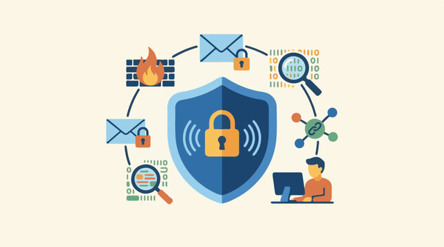 A blue shield with a yellow lock surrounded by various icons representing digital security
