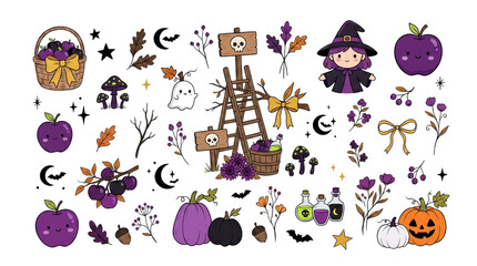 Fototapeta premium Spooky Halloween element kit with cute witch girl, ghost, scarecrow, rustic ladder, autumn pumpkins, harvest basket of apples and skulls on transparent