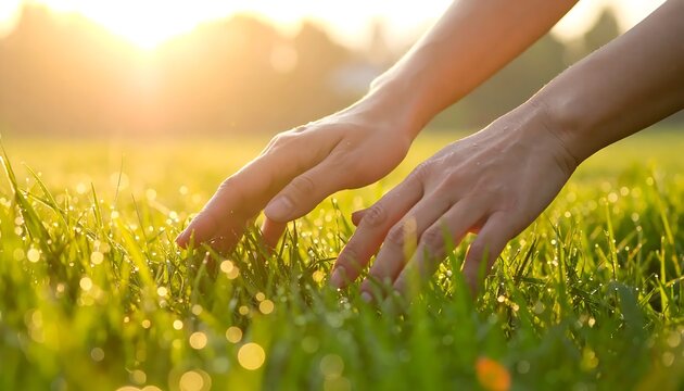 Close up of a persons hand touching green grass.