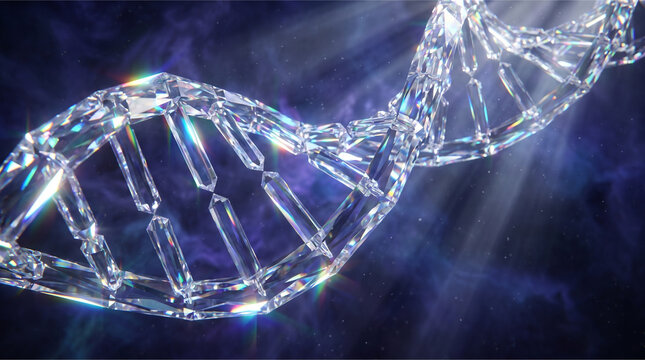 Cinematic DNA double helix made of crystalline material, light refraction through genetic code, futuristic biotechnology concept.