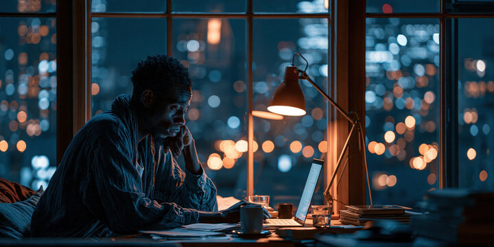 Person deep in thought at a desk with laptop during nighttime