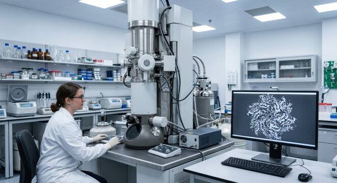  Researcher operating an electron microscope for high‑resolution structural analysis.