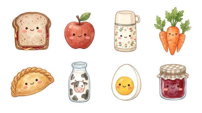 Cute kawaii school lunch food elements set watercolor illustration with sandwich apple thermos carrot pie milk bottle egg and jam isolated on transparent