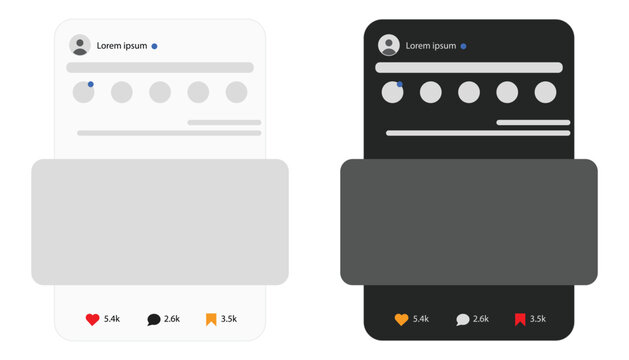 Social media mobile application interface user profile post layout mockups in light and dark mode appearance for digital content marketing display