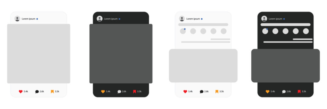 Comprehensive social media application post layout design vector template set containing various light and dark smartphone interface presentations mockups elements