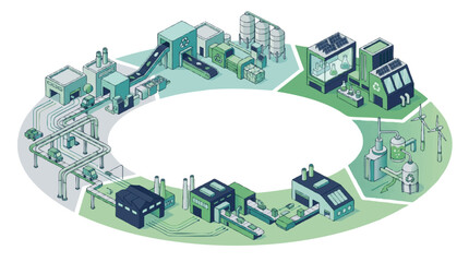 Fototapeta premium Industrial manufacturing cycle process flow diagram with factory operations, industrial