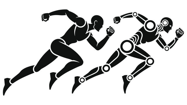 Human vs Robot Sprint Race: Minimalist Vector Illustration of Man and Cyborg Running, AI Technology and Competition Concept