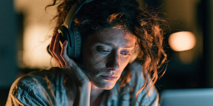 Person Listening to Music with Headphones in Dim Light