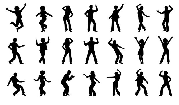 Active dancing people silhouettes set featuring diverse dancers jumping posing and moving in various expressive styles isolated vector illustration graphic collection