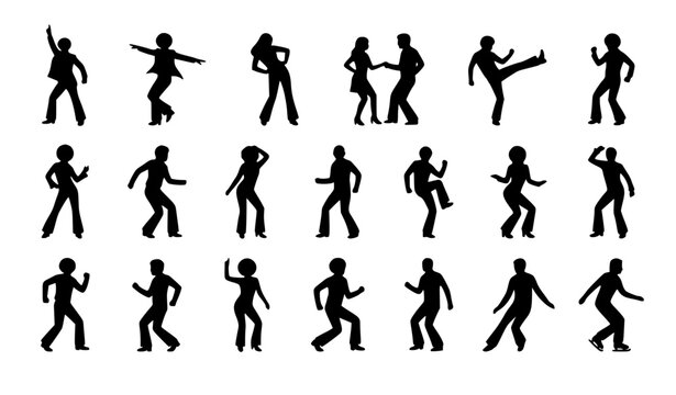 Dancing people black silhouettes set featuring active couples and solo dancers moving posing and jumping isolated on white background vector collection